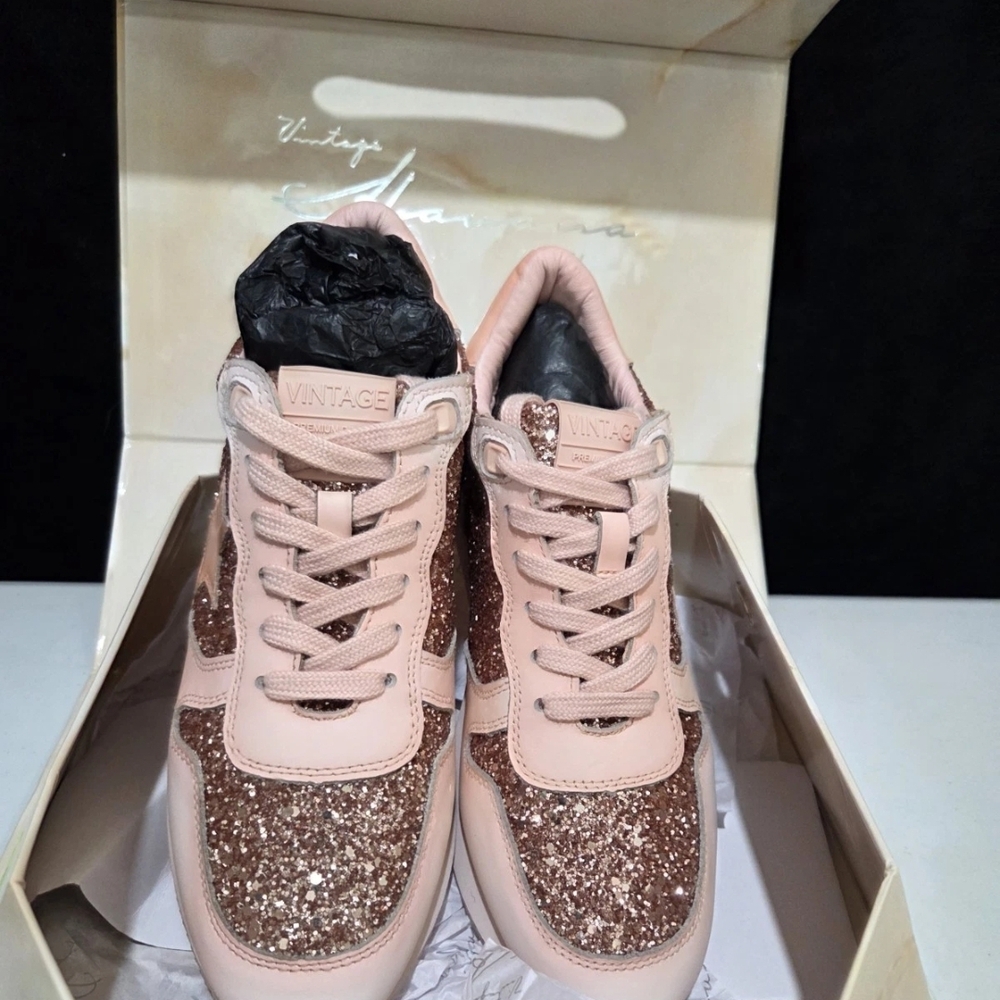 Vintage Women's Glitter Sneakers - Pink and Brown